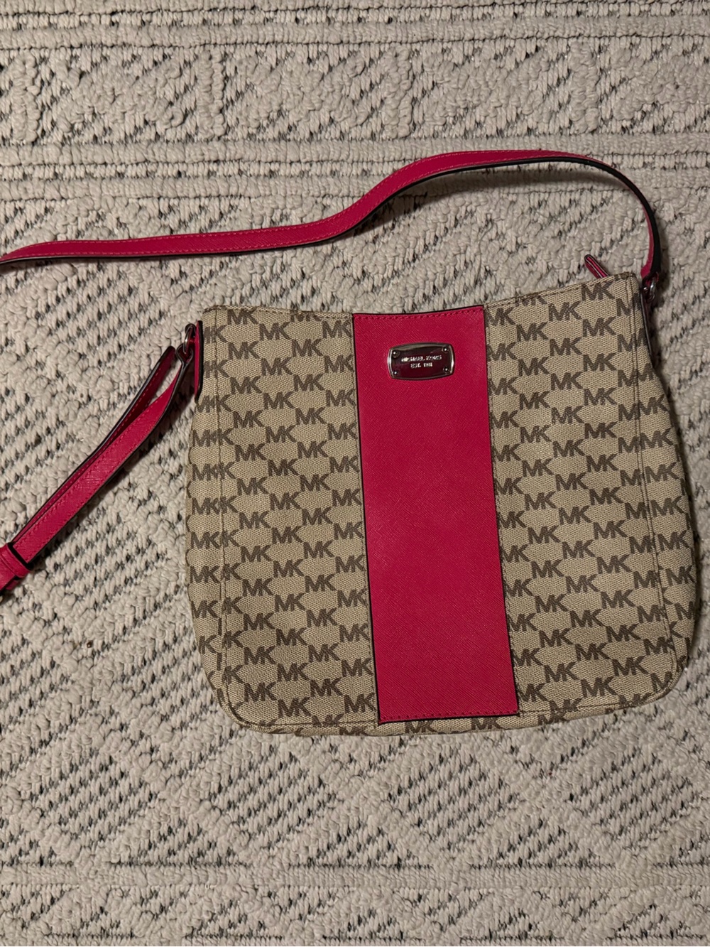 Michael Kors Beige Signature Crossbody with Pink Accent